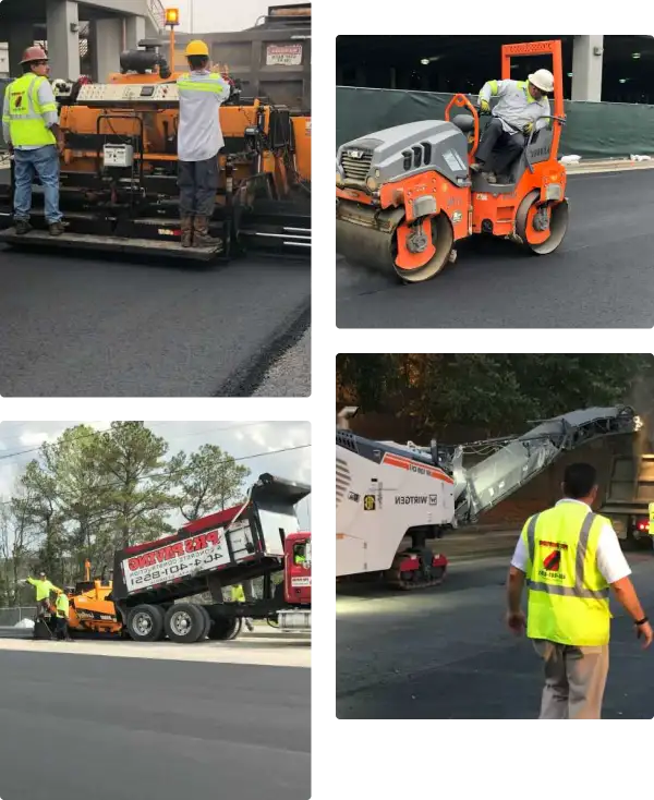 collage of 4 pictures of pks paving trucks & employees